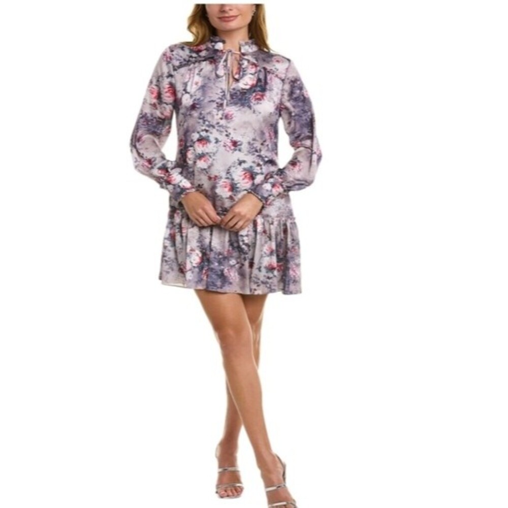 NWT MARCHESA NOTTE FLORAL TEXTURED CHARMEUSE MINI Ruffle  Trim Hem DRESS size 2